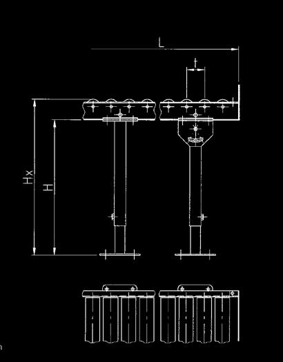 ROLLENBAAN MET ROLLEN Ø 50 MM 2 Modulair systeem voor lichte lasten. Nuttige breedtes : 300 / 400 / 500 en 600 mm. Lengtes : recht element : 1 / 2 / 3 m.