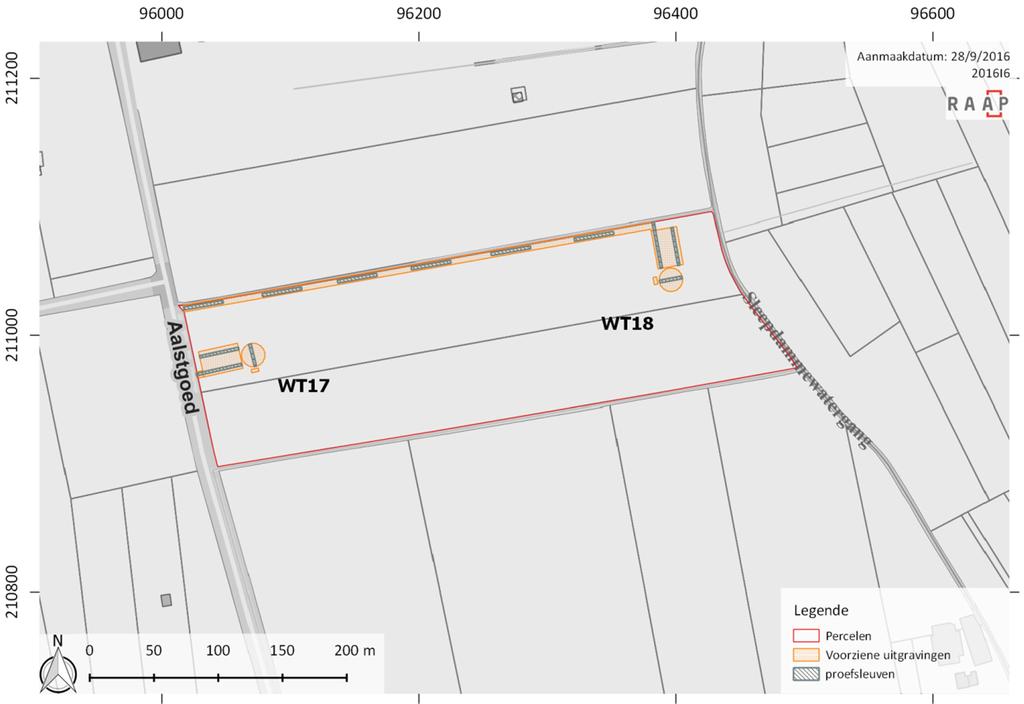 figuur 5 Situering van de proefsleuven op deelgebieden WT17 en WT18 (schaal 1/5000) 2.6 Voorziene afwijkingen van de code van goede praktijk Niet van toepassing 3 Bibliografie Haneca K.