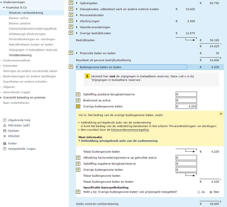 Let op: de bedragen voor de IB-bijtelling van de zakelijke auto en het voordeel van de KOR staan in Acumulus bij kostensoort Diversen geboekt als negatieve bedragen!