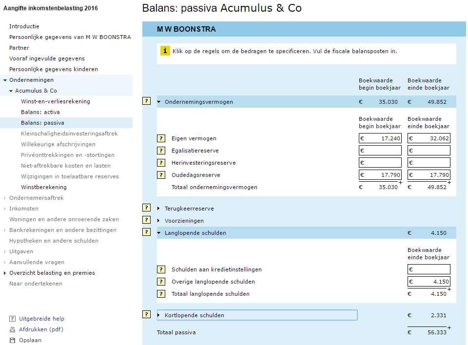 Let op: u dient bij Ondernemingsvermogen de boekwaardes van begin en einde boekjaar in te vullen.