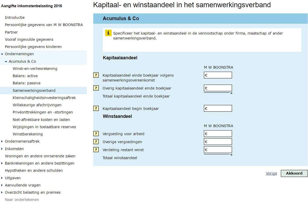 ! Let op: dit scherm is alleen voor uitleg bij VOF (samenwerkingsverband) Na het invullen van de balans (Activa en Passiva) komt u een onderdeel tegen dat heet Samenwerkingsverband!