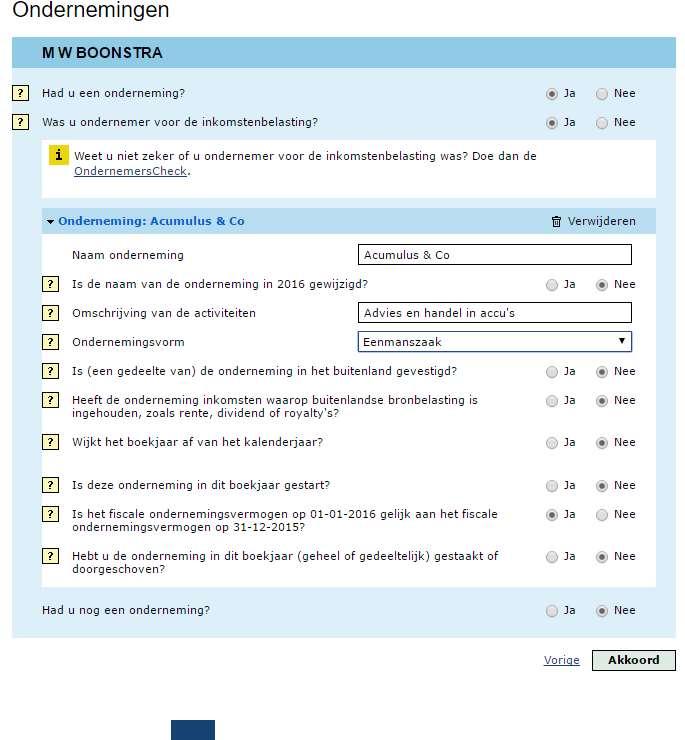 1. In ons testaccount is sprake van een Eenmanszaak. Voor VOF: zie volgend scherm 2.