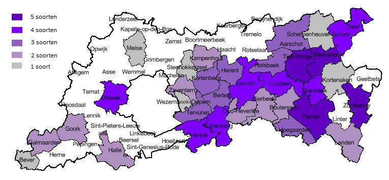 Figuur 2 Overzicht van het aantal aardtongen per gemeente. Figuur 3 Overzicht van het aantal knotszwammen per gemeente. Lubbeek is de gemeente met de meeste wasplaten en knotszwammen.