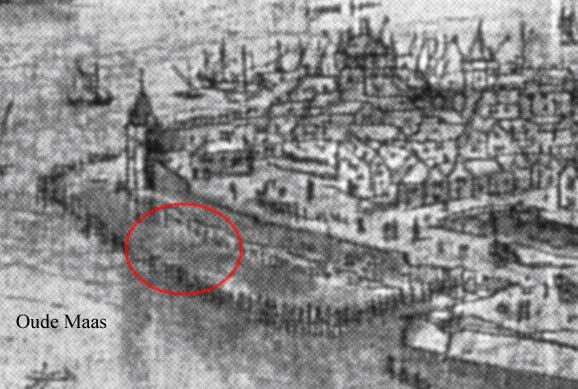 Afb. 3. De ligging van het plangebied Damiatebolwerk is bij benadering weergegeven op een uitsnede van een tekening van Anthonis van den Wyngaerde uit circa 1560 (rode cirkel).