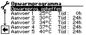 niettemin verder. De foutmelding kan pas worden bevestigd wanneer het opwarmprogramma afgelopen is of handmatig is uitgeschakeld. Terugkeer naar het menu Service.