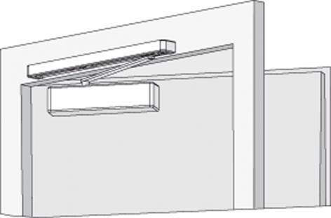 Schema toont Belgisch rechtsdraaiende deur (DIN links) Afmetingen voor montage op omlijsting aan scharnierzijde met vlakke montageplaat