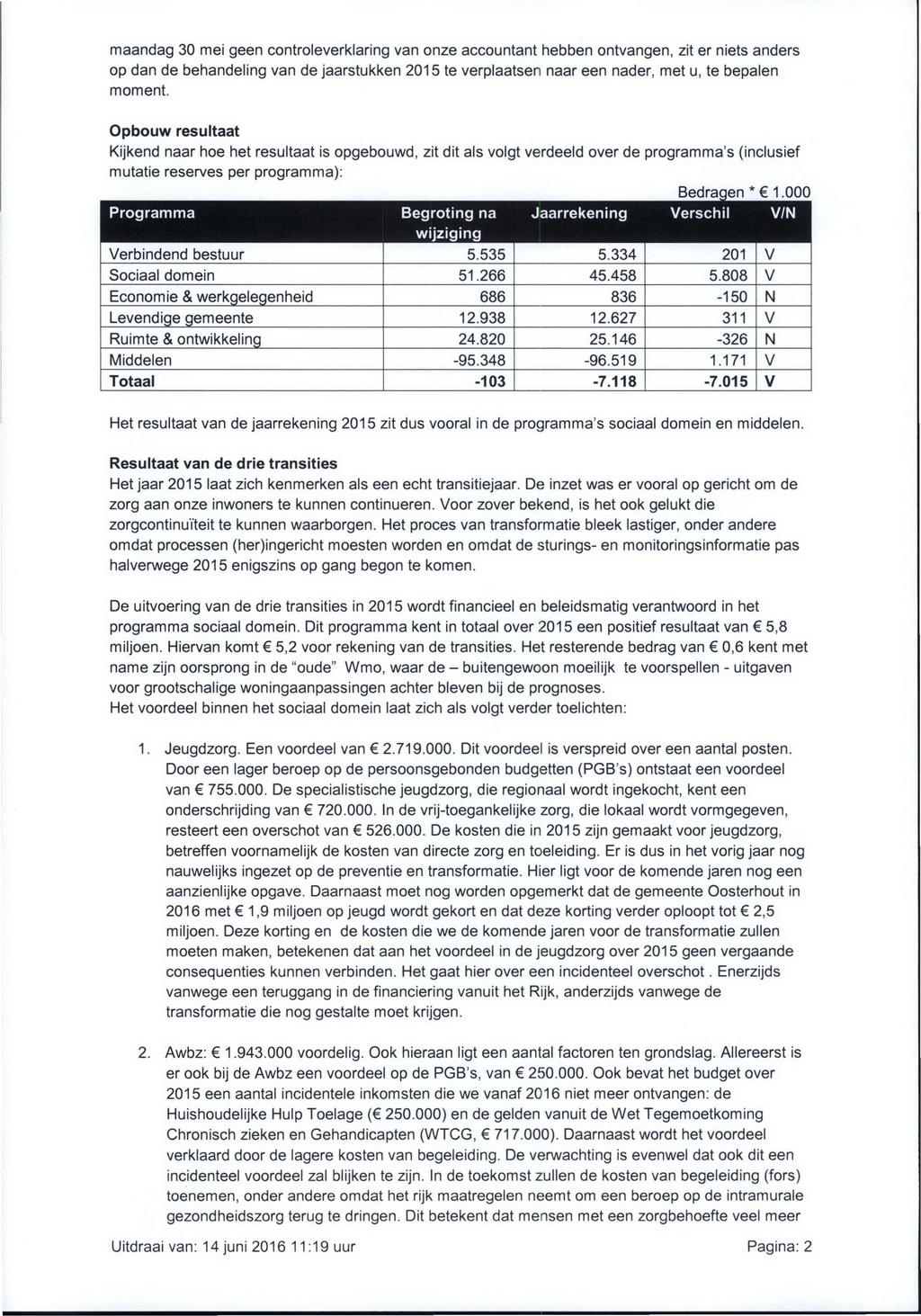 maandag 30 mei geen controleverklaring van onze accountant hebben ontvangen, zit er niets anders op dan de behandeling van de jaarstukken 2015 te verplaatsen naar een nader, met u, te bepalen moment.