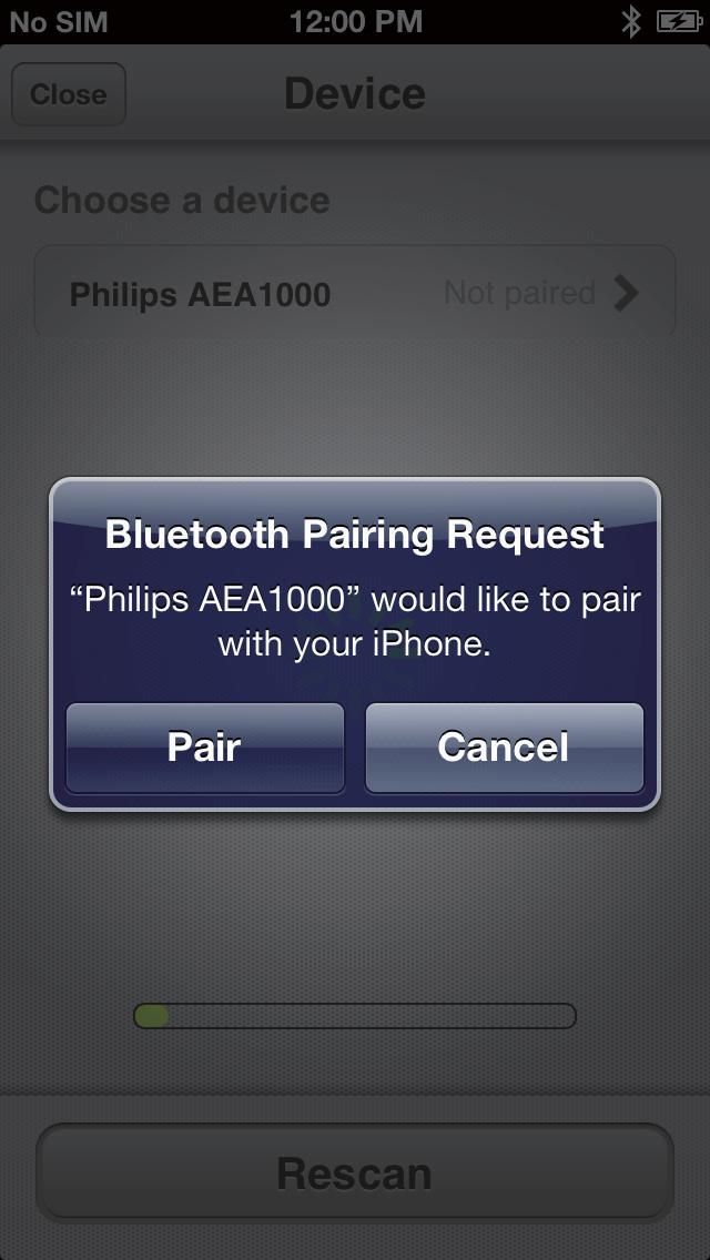 »» Nadat het InRange-apparaat is gevonden, verschijnt Philips AEA1000 op het app-scherm.