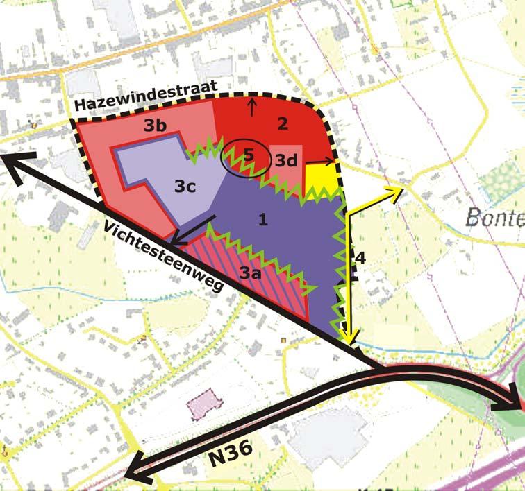 Behoud van de bestaande bebouwing en functies (3) De randzones van het plangebied zijn bebouwd. De strook langs de Vichtesteenweg (3a) bestaat uit een menging van villabouw en handelszaken.