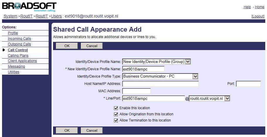 Navigeer binnen de User naar Shared Call Appearance onder Call Control Klik Add om een nieuw Profiel toe te voegen.