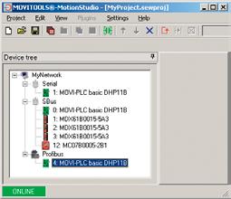 De MotionStudio herkent via een apparatuur-scan alle op de geconfigureerde interfaces aangesloten deelnemers en laat deze zien als knooppunt in een regelaarstructuur.