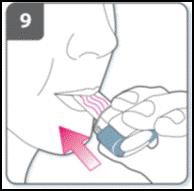 Inhaleer het geneesmiddel Om het geneesmiddel diep in uw luchtwegen in te ademen: Houd de inhalator vast zoals op dit plaatje. De knoppen aan de zijkanten moeten zich links en rechts bevinden.