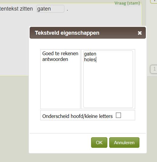 o Er verschijnt een popupvenster. Je kunt hier aanvullen met antwoorden die ook moeten worden goed gerekend.