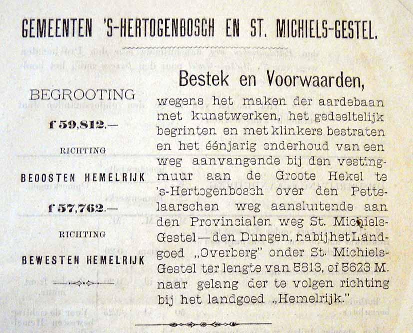 Gemeentekunstweg Sint-Michiels Gestel Boxtel (1884)_ Gemeentekunstweg St. Michiels Gestel Bokstel door de Heistraat aanvangende aan den grindweg Vucht St Oedenrode tot de Limiet van Bokstel.