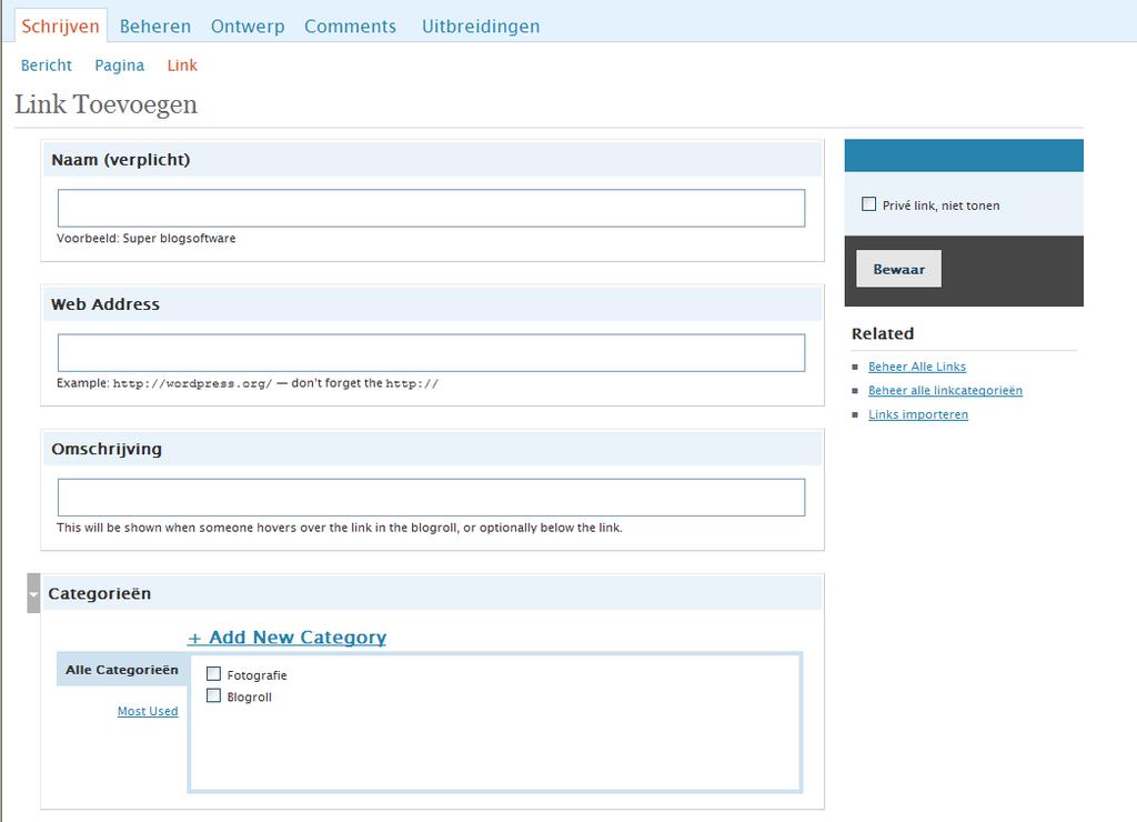Rel: je kan bij de links ook aanduiden of het om een vriend, collega, familielid, gaat. Zichtbaar: hier wordt aangeduid of de link al of niet zichtbaar moet zijn op je blog.