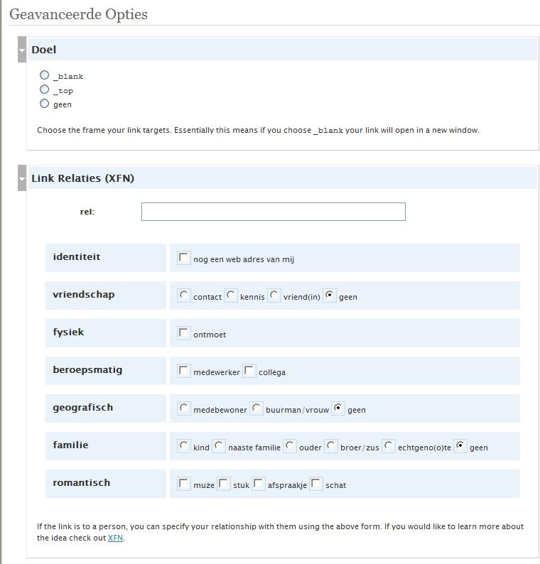 Bij doel kan je bepalen of de link in een nieuw venster moet geopend worden (_blank) Link Relaties laten je toe om bij een