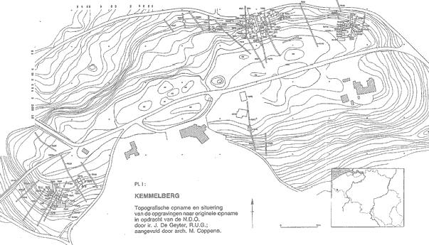 Topografische kaart van de Kemmelberg en omgeving met situering van de diverse opgravingen Binnen de bescherming van het verdedigingssysteem werden sporen van bewoning gevonden.