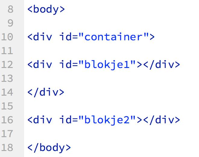 Ga nu je blokken bouwen in de HTML. Dat doe je tussen de <body> en de </body> tag. Hier zie je een voorbeeld in de code.