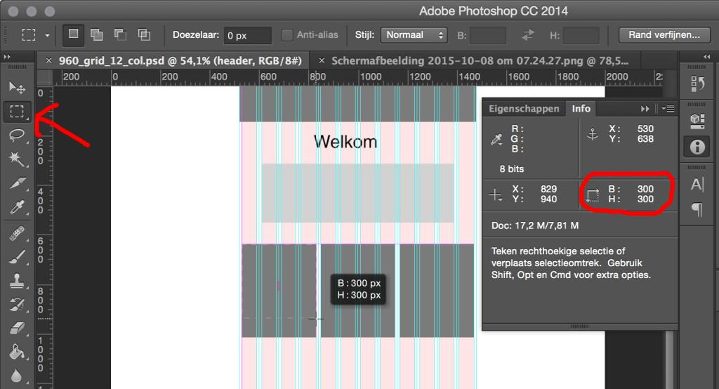 3. CSS gebruiken voor het wireframe Nu ga je met de CSS de blokken de goede maat geven. De maat in pixels kun je opzoeken in Photoshop of Illustrator.