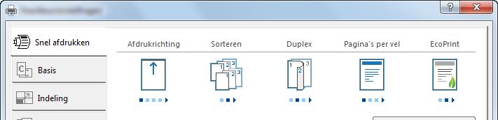 Afdrukken Scherm Eigenschappen printerdriver Het scherm met eigenschappen van de printerdriver maakt het mogelijk een aantal printergerelateerde instellingen te configureren.