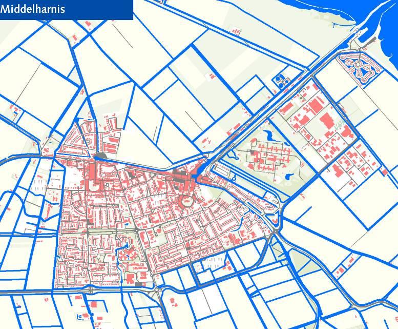 7.2 Kern Middelharnis 7.2.1 Systeembeschrijving Watersysteem In Figuur 7.1 is het watersysteem van de kern Middelharnis weergegeven. Figuur 7.1 Watersysteem van de kern Middelharnis Bij Middelharnis is doorspoeling in de huidige situatie lastig (o.