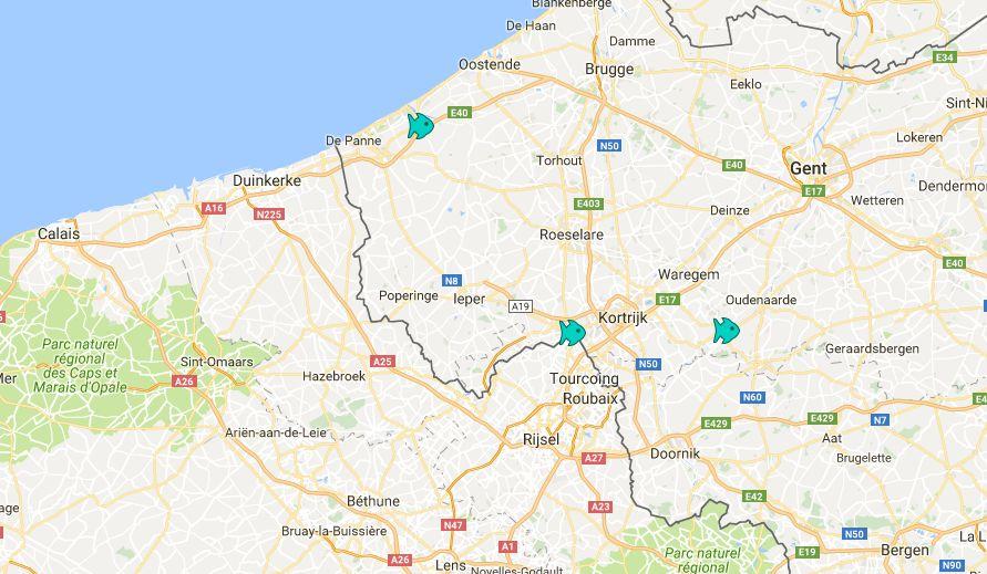 Materialen en methode. Onderzoeksgebied Het onderzoeksgebied omvat drie viswateren in de Provincie West-Vlaanderen (figuur.).