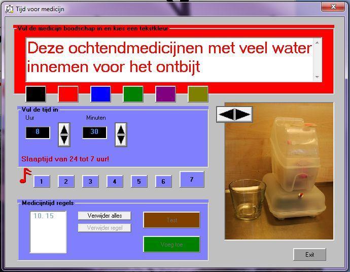 De medicijn boodschappen instellen. Nadat de communicatie tussen de PC en de medicijnopstelling is getest en goed bevonden kan er een medicijnboodschap uitgeprobeerd worden.