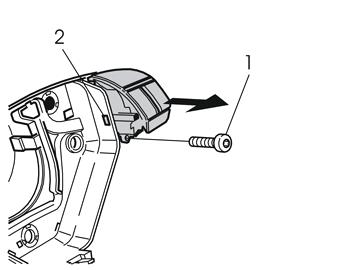 M3702378 56 Verwijder de schroef (1) in de blinde knop aan de rechterzijde van de claxonring Druk de pal (2) in.