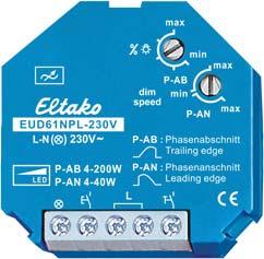 Universele inbouwdimmer EUD61NPL Multifunktions-Stromstoß-Schaltrelais* zonder N-aansluiting, speciaal voor LED ESR12M EUD61NPL-230V R, R, C LED B16 Functie draaischakelaars max min max P-AB dim min