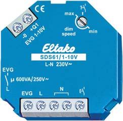 1-10V-stuur dimmer schakelaar SDS61 voor elektronische voorschakeltoestellen SDS61/1-10V 1 NO contact, niet potentiaalvrij, 600VA en 1-10V-stuuruitgang 40mA. Slechts 1 Watt stand-by verlies.