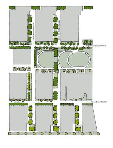 De ruimhartige maatvoering van de straten biedt ruimte voor een gevarieerde en gespreide boomplanting: een vorm van bomenjazz, die contrasteert met de marcherende colonnes van bomen elders in de stad.