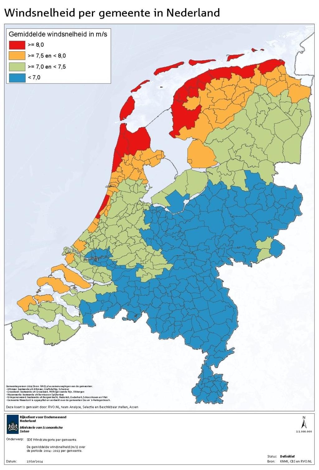 Figuur 2: Indeling van gemeenten naar windsnelheid 6 Bron: KNMI, CBS, RVO.NL (2014).