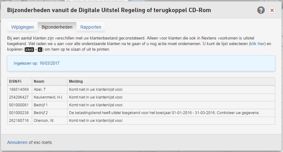 19 Op de tab Bijzonderheden worden verschillen met uw klantenbestand getoond.