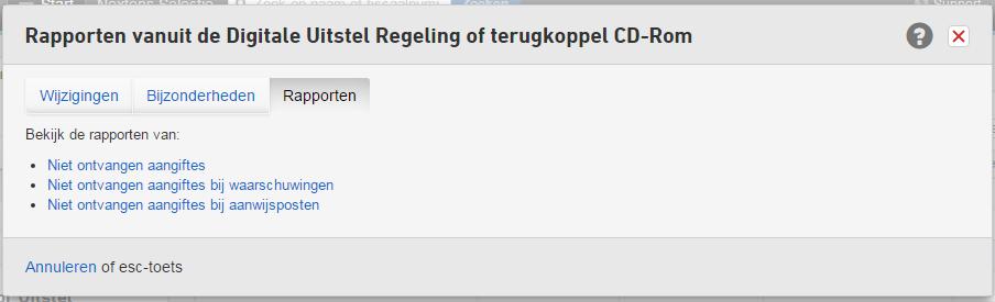 Rapporten Op de tab Rapporten kunt u rapporten van niet ontvangen aangiften bekijken. Deze rapporten worden alleen getoond als u een of meerdere bestanden inleest vanaf de terugkoppel CD-Rom. 1.