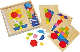 Geometrische legvormen Mozaiek Box Op de kaarten (voor- en achterkant) worden de gekleurde vormen gelegd volgens motief. Ook eigen creaties met de onderdelen afzonderlijk zijn mogelijk.