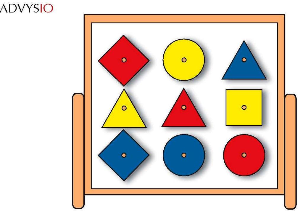 - 12 mm dik speelbord van 44,5 x 34 cm - 2 sterke magneetstiften - 18 geometrische vormen in 6 groottes en 6 opvallende kleuren.