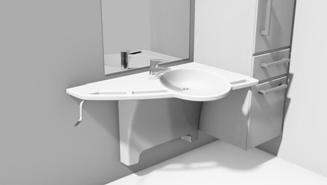 Aangepaste lavabo's, baden en douches Hoogteverstelbare lavabo met geïntegreerde handvatten Ropox Support Zeer vlakke en in de hoogte verstelbare lavabo van het Deense Ropox.