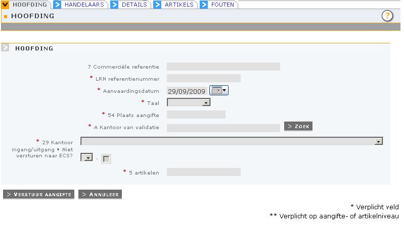 Type tabbladen voor de registratie van een summiere aangifte bij uitgaan (EXS) en van een summiere aangifte bij binnenkomst (ENS) : HOOFDING HANDELAARS DETAILS ARTILELS