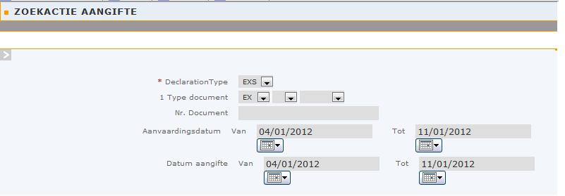 Het type aangifte selecteren in de dropdownlist van het verplichte vak * Declaration Type Vb selecteren van de aangiften EX onder EXS tussen