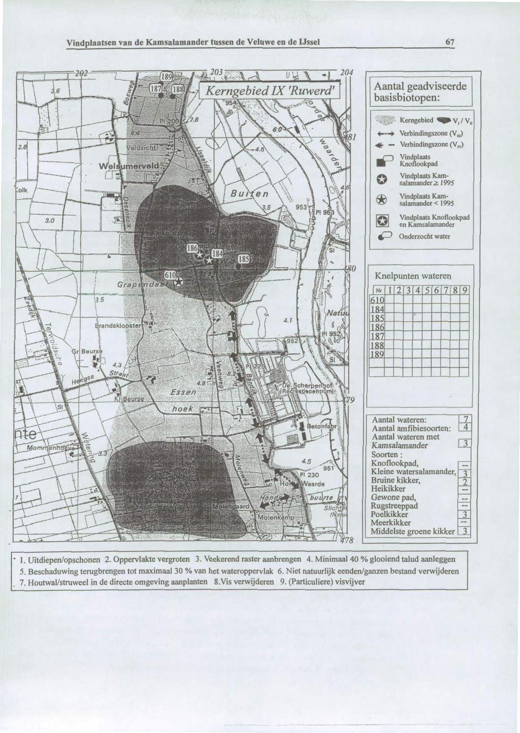 Vindplaatsen van de Kamsalamander tussen de Veluwe en de IJssel 67 Aantal geadviseerde basisbiotopen: Kerngebied qw V, / V 4+ Verbindingszone (V) Verbindingszone (V) NIP Vindplaats Knoflookpad
