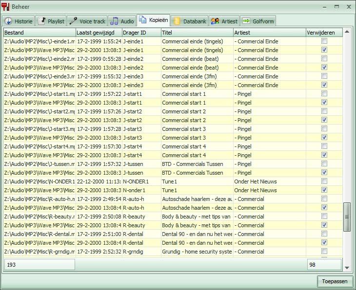 Handleiding PC-Radio Express Beheer 22 BEHEER Met beheer kunt u (overbodige) bestanden of databankrecords beheren. Per tabblad krijgt u de gegevens op een overzichtelijke wijze gepresenteerd.