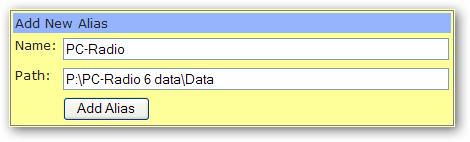 Aliases Hier geven we de naam van de database op en de map waarin de bestanden opgeslagen gaan worden. De naam van de database (Alias Name) is later ook nodig in PC-Radio.