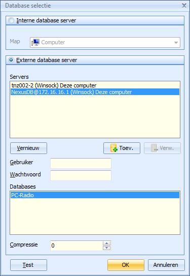 Configuratie en installatie PC-Radio Express Handleiding PC-Radio Express Kiest u voor een externe database server, dan wordt het netwerk afgezocht naar beschikbare database servers.