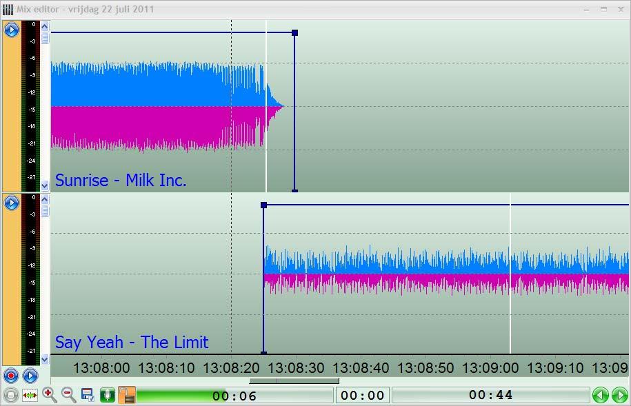Handleiding PC-Radio Express Mix editor 13 MIX EDITOR Met de Mix editor kunt u de overgang tussen twee tracks aanpassen, voice tracks opnemen, fades instellen.