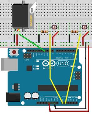 Opdracht 15 Een lichtwijzer Gebruik opdracht 8 als basis. Vervang daarin de LED door de servo motor.