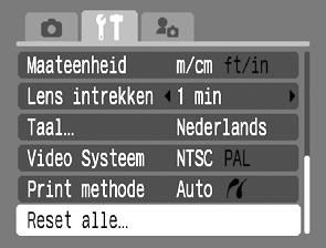 De volgende opties kunnen niet worden hersteld: - Opnamemodus - De opties [Datum/Tijd], [Taal] en [Video Systeem] in het menu (Instellen) (p.