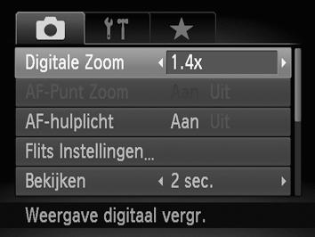 Nader inzoomen op het onderwerp (digitale zoom) De digitale zoom uitzetten Als u de digitale zoomfunctie wilt uitzetten, drukt u op n.