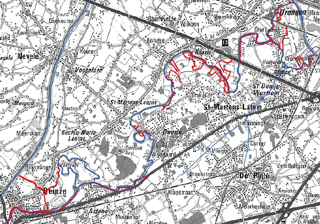 dijk Toeristische Leie Ter bescherming van de bebouwing langs de Toeristische Leie wordt er van Deinze tot Drongen een dijk voorzien. Het dijktraject wordt weergegeven in Figuur 6-7.