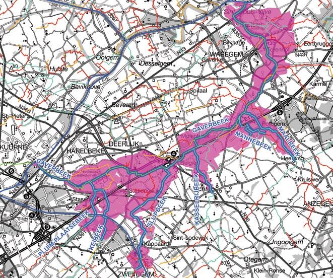 Figuur 2-1: Het modelgebied van de Gaverbeek met aanduiding van de gemodelleerde waterlopen en overstromende gebieden Model Rivier Overstromend gebied GOG Waterlopen Bevaarbaar 1 ste categorie 2 de