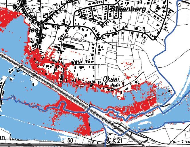 Figuur 6-6: Uitbreiding van de gesimuleerde overstromingen met een terugkeerperiode van 100 jaar bij het gemiddeld klimaatscenario (2100) ten gevolge van de aanleg van GOG Teralfene (blauw = NA, rood